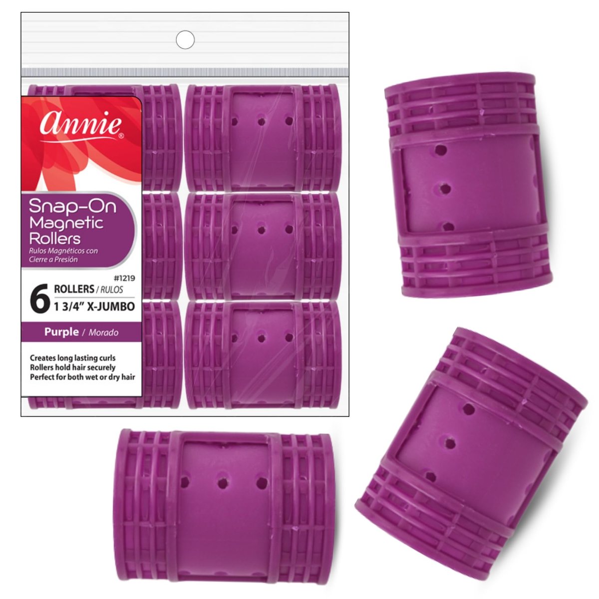 Annie Snap-On Magnetic Hair Rollers – Extra Jumbo 1 3/4 Inch, Locking Snap-Over Hood, Secure Hold No Pins Needed, Purple, 6 Count - görsel 1