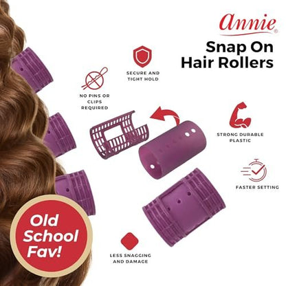 Annie Snap-On Magnetic Hair Rollers – Extra Jumbo 1 3/4 Inch, Locking Snap-Over Hood, Secure Hold No Pins Needed, Purple, 6 Count