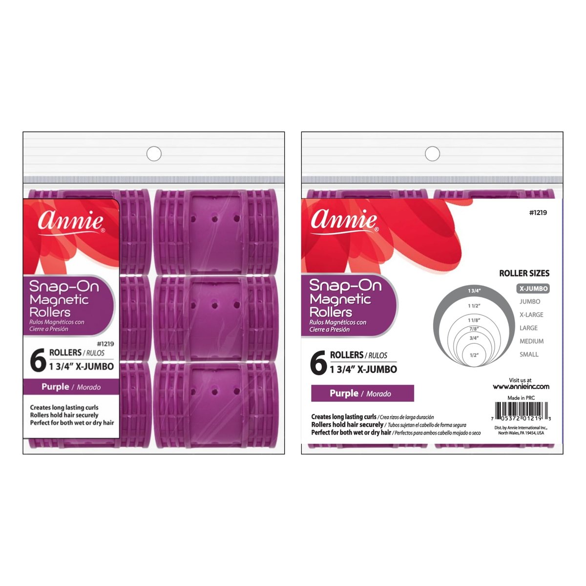 Annie Snap-On Magnetic Hair Rollers – Extra Jumbo 1 3/4 Inch, Locking Snap-Over Hood, Secure Hold No Pins Needed, Purple, 6 Count - görsel 3