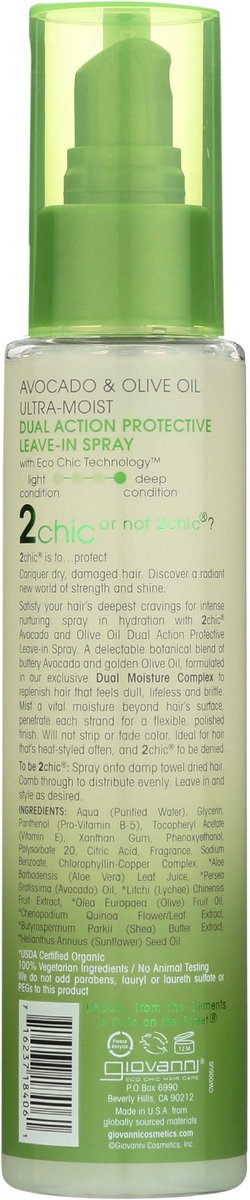 GIOVANNI 2chic Ultra-Moist Dual Action Protective Leave-In Spray - Avocado & Olive Oil, Aloe Vera, Shea Butter - Heat Protection, Color Safe, No Parabens - 4 oz Avelisse