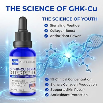 Skin Perfection GHK-CU Copper Peptides Serum for Face & Hair - 1% Blue Liquid Multi-Use Serum Booster with Dropper 0.5 fl oz Avelisse