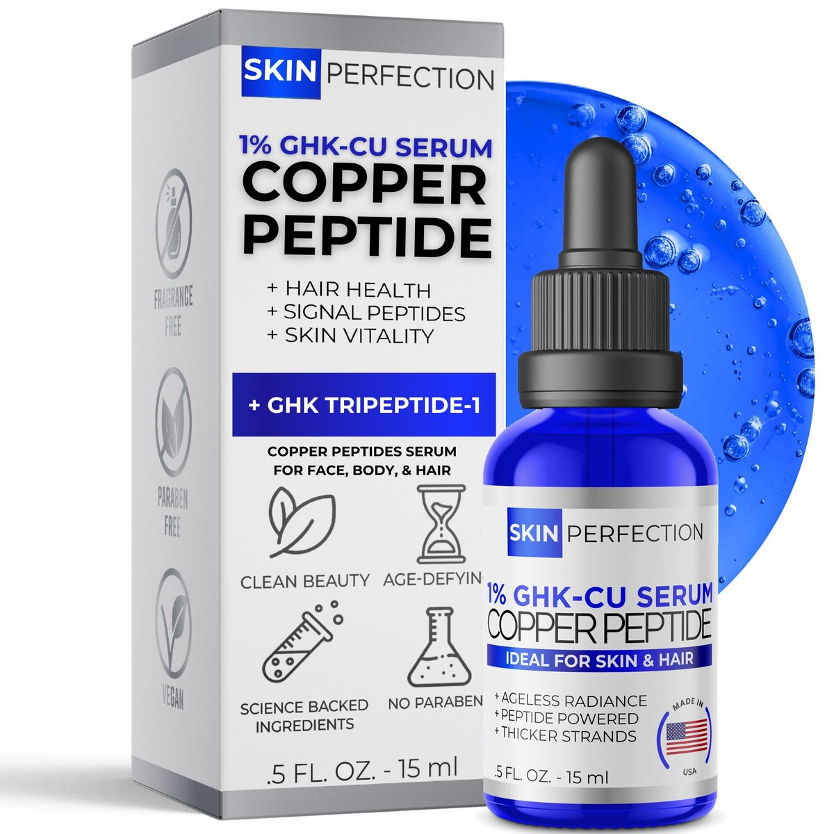 Skin Perfection GHK-CU Copper Peptides Serum for Face & Hair - 1% Blue Liquid Multi-Use Serum Booster with Dropper 0.5 fl oz Avelisse