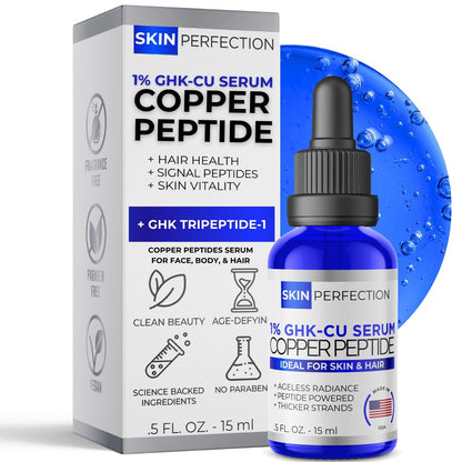 Skin Perfection GHK-CU Copper Peptides Serum for Face & Hair - 1% Blue Liquid Multi-Use Serum Booster with Dropper 0.5 fl oz Avelisse