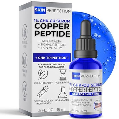 Skin Perfection GHK-CU Copper Peptides Serum for Face & Hair - 1% Blue Liquid Multi-Use Serum Booster with Dropper 0.5 fl oz Avelisse