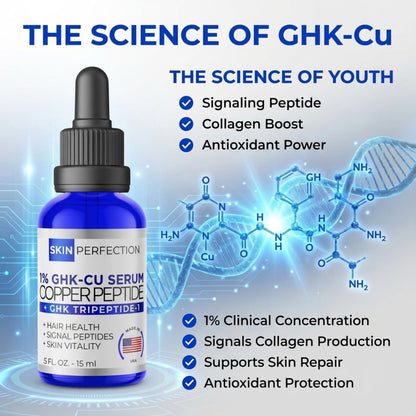 Skin Perfection GHK-CU Copper Peptides Serum for Face & Hair - 1% Blue Liquid Multi-Use Serum Booster with Dropper 0.5 fl oz Avelisse