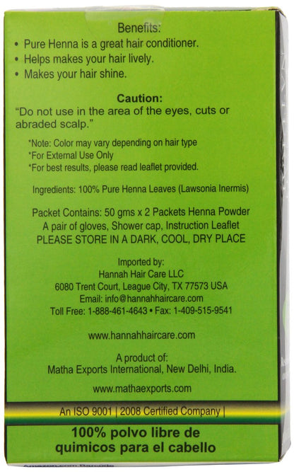 Hannah Natural 100% Pure Henna Powder - Natural Hair Color & Conditioning Treatment (3.52 oz)