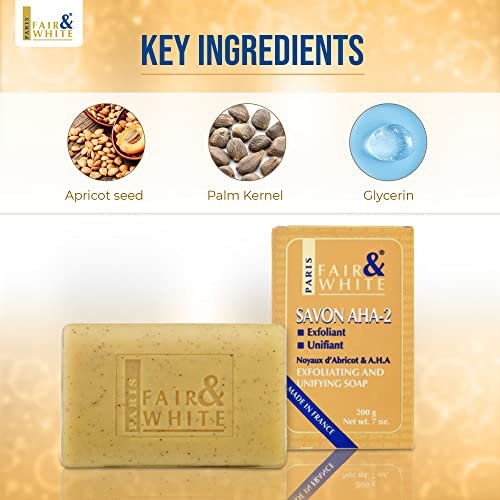 FAIR & WHITE Original AHA Exfoliating Soap - Skin Brightening Bar with Lactic Acid, 200g - Fade Dark Spots on Face, Knees, Body & Armpits Avelisse