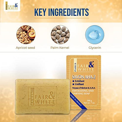 FAIR & WHITE Original AHA Exfoliating Soap - Skin Brightening Bar with Lactic Acid, 200g - Fade Dark Spots on Face, Knees, Body & Armpits Avelisse