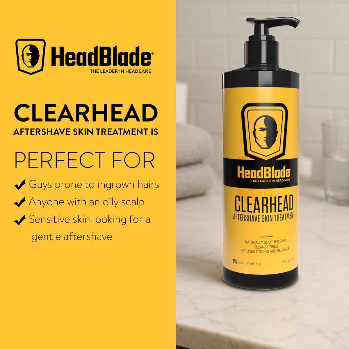 HeadBlade ClearHead Men's Refreshing Post Shaving Aftershave Lotion - 8 oz with Pump, Prevent Ingrown Hair & Irritation Avelisse