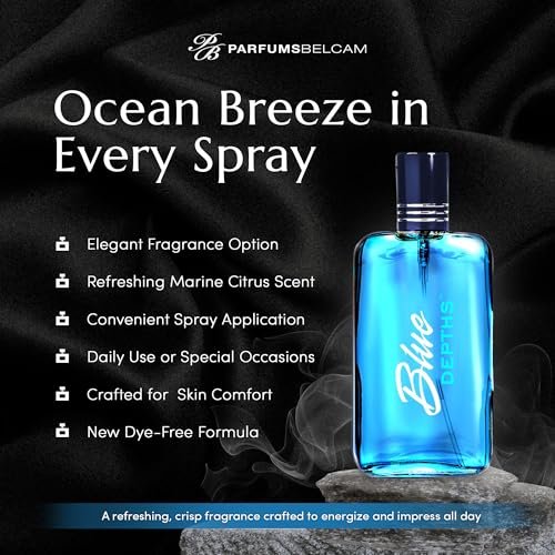 PB ParfumsBelcam Blue Depths Eau de Toilette for Men - Fresh Aquatic Cologne with Crisp Citrus, Warm Musk & Amber - 3.4 Fl Oz - görsel 6