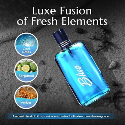 PB ParfumsBelcam Blue Depths Eau de Toilette for Men - Fresh Aquatic Cologne with Crisp Citrus, Warm Musk & Amber - 3.4 Fl Oz
