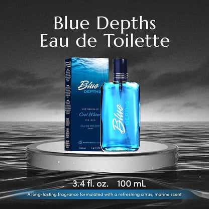 PB ParfumsBelcam Blue Depths Eau de Toilette for Men - Fresh Aquatic Cologne with Crisp Citrus, Warm Musk & Amber - 3.4 Fl Oz