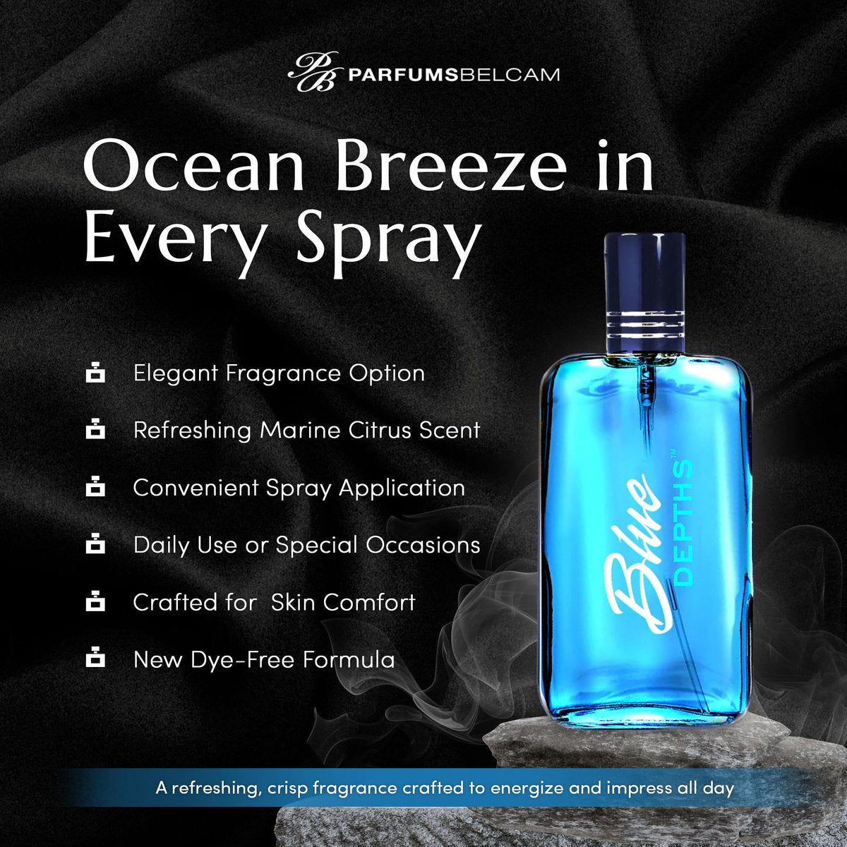 PB ParfumsBelcam Blue Depths Eau de Toilette for Men - Fresh Aquatic Cologne with Crisp Citrus, Warm Musk & Amber - 3.4 Fl Oz - görsel 5