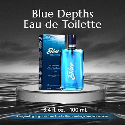 PB ParfumsBelcam Blue Depths Eau de Toilette for Men - Fresh Aquatic Cologne with Crisp Citrus, Warm Musk & Amber - 3.4 Fl Oz