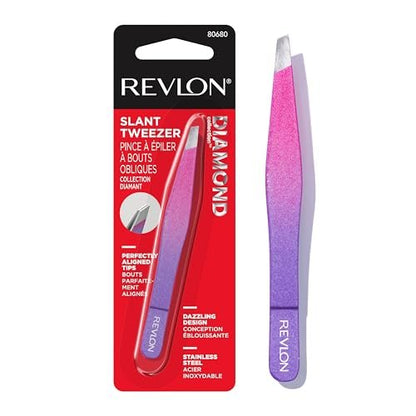 Revlon Diamond Collection Slanted Tip Tweezers, Ultra-Sharp Stainless Steel for Precision Eyebrow Shaping and Facial Hair Removal, Pink & Purple, 1 Count