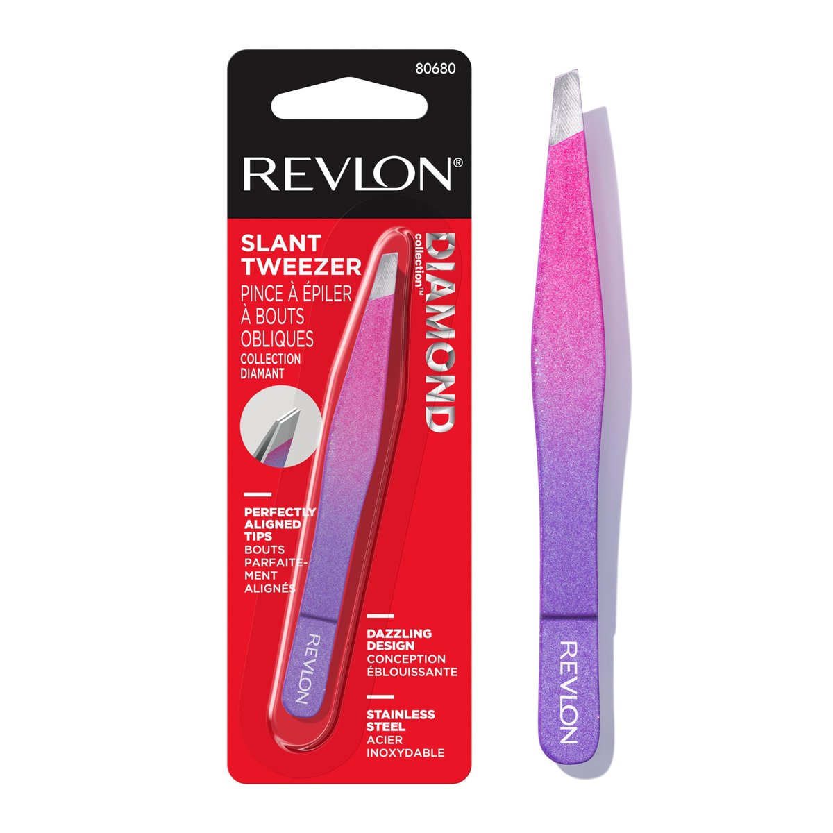 Revlon Diamond Collection Slanted Tip Tweezers, Ultra-Sharp Stainless Steel for Precision Eyebrow Shaping and Facial Hair Removal, Pink & Purple, 1 Count - görsel 1