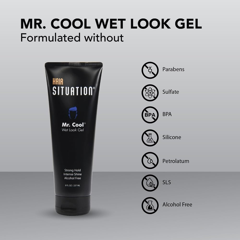 Hair Situation Mr. Cool Wet Look Strong Hold Hair Gel - 8 Fl Oz, High Shine, Anti-Humidity, Anti-Frizz, Alcohol-Free, No Flake, Vitamin-Enriched - görsel 7