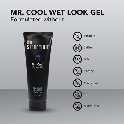 Hair Situation Mr. Cool Wet Look Strong Hold Hair Gel - 8 Fl Oz, High Shine, Anti-Humidity, Anti-Frizz, Alcohol-Free, No Flake, Vitamin-Enriched