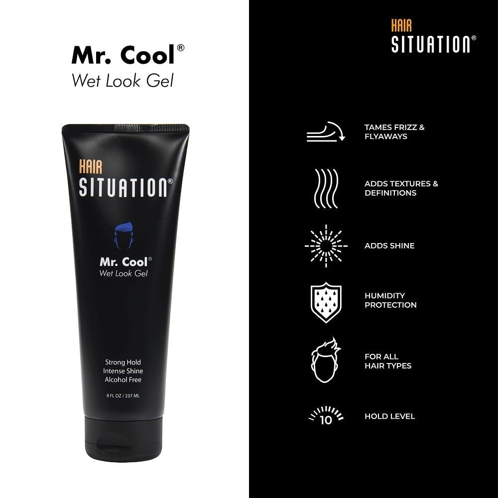 Hair Situation Mr. Cool Wet Look Strong Hold Hair Gel - 8 Fl Oz, High Shine, Anti-Humidity, Anti-Frizz, Alcohol-Free, No Flake, Vitamin-Enriched - görsel 9