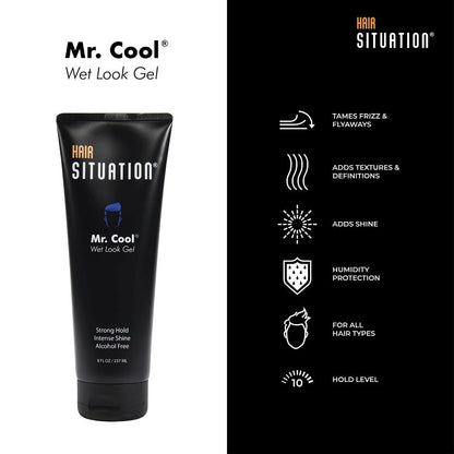 Hair Situation Mr. Cool Wet Look Strong Hold Hair Gel - 8 Fl Oz, High Shine, Anti-Humidity, Anti-Frizz, Alcohol-Free, No Flake, Vitamin-Enriched