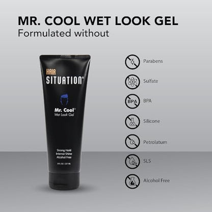 Hair Situation Mr. Cool Wet Look Strong Hold Hair Gel - 8 Fl Oz, High Shine, Anti-Humidity, Anti-Frizz, Alcohol-Free, No Flake, Vitamin-Enriched