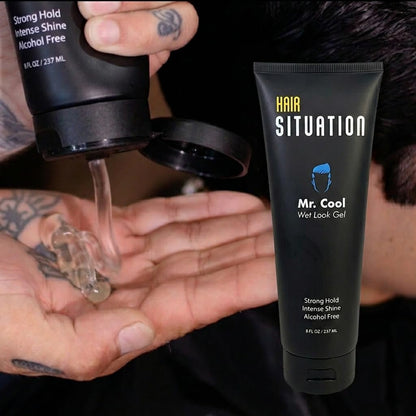 Hair Situation Mr. Cool Wet Look Strong Hold Hair Gel - 8 Fl Oz, High Shine, Anti-Humidity, Anti-Frizz, Alcohol-Free, No Flake, Vitamin-Enriched