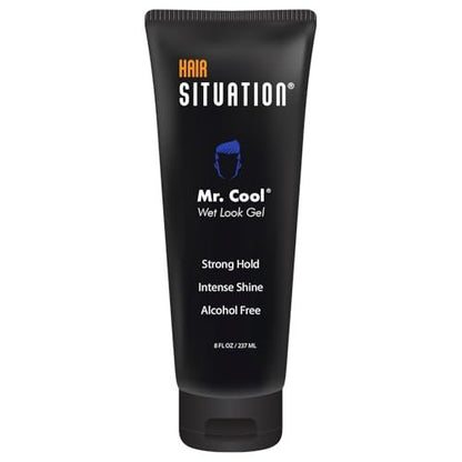 Hair Situation Mr. Cool Wet Look Strong Hold Hair Gel - 8 Fl Oz, High Shine, Anti-Humidity, Anti-Frizz, Alcohol-Free, No Flake, Vitamin-Enriched