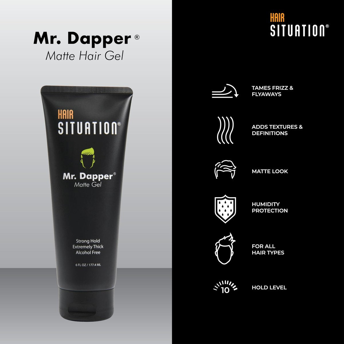 Hair Situation Mr. Dapper Matte Look Strong Hold Styling Hair Gel for Men - Anti-Humidity, Anti-Frizz, Alcohol-Free, No Flake, 6 Fl Oz Avelisse