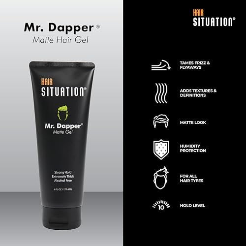 Hair Situation Mr. Dapper Matte Look Strong Hold Styling Hair Gel for Men - Anti-Humidity, Anti-Frizz, Alcohol-Free, No Flake, 6 Fl Oz Avelisse