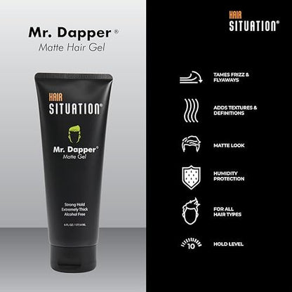Hair Situation Mr. Dapper Matte Look Strong Hold Styling Hair Gel for Men - Anti-Humidity, Anti-Frizz, Alcohol-Free, No Flake, 6 Fl Oz Avelisse