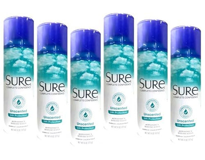 Sure Unscented Aerosol Antiperspirant and Deodorant - 24 Hour Protection for Men and Women - Fast Drying Spray - Pack of 6 Avelisse