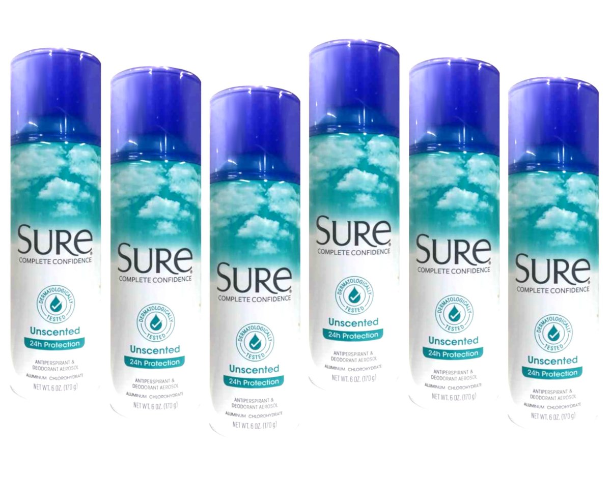 Sure Unscented Aerosol Antiperspirant and Deodorant - 24 Hour Protection for Men and Women - Fast Drying Spray - Pack of 6 Avelisse