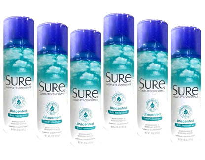 Sure Unscented Aerosol Antiperspirant and Deodorant - 24 Hour Protection for Men and Women - Fast Drying Spray - Pack of 6 Avelisse