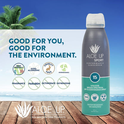 Aloe Up Sport Spray Sunscreen SPF 15 – Broad Spectrum Sunblock with Hydrating Aloe Vera Gel – Fast Absorbing, No White Cast, Reef Friendly, Water Resistant up to 80 Minutes, Fragrance Free – 6 Oz