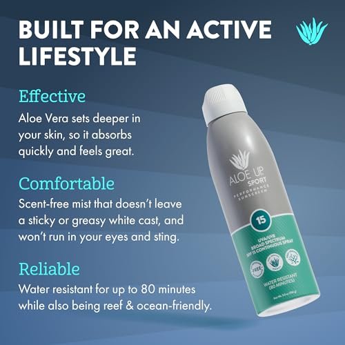 Aloe Up Sport Spray Sunscreen SPF 15 – Broad Spectrum Sunblock with Hydrating Aloe Vera Gel – Fast Absorbing, No White Cast, Reef Friendly, Water Resistant up to 80 Minutes, Fragrance Free – 6 Oz - görsel 4