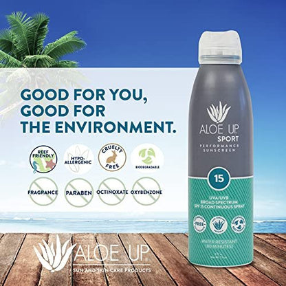 Aloe Up Sport Spray Sunscreen SPF 15 – Broad Spectrum Sunblock with Hydrating Aloe Vera Gel – Fast Absorbing, No White Cast, Reef Friendly, Water Resistant up to 80 Minutes, Fragrance Free – 6 Oz