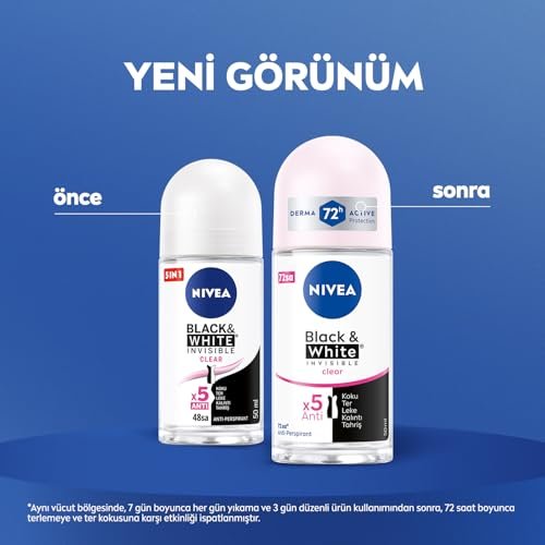 NIVEA Invisible for Black & White Clear Roll-On Anti-Perspirant Deodorant, 50 ml (Pack of 3) Avelisse