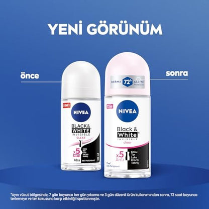 NIVEA Invisible for Black & White Clear Roll-On Anti-Perspirant Deodorant, 50 ml (Pack of 3) Avelisse