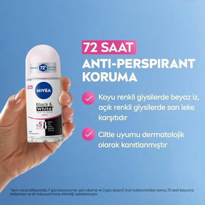 NIVEA Invisible for Black & White Clear Roll-On Anti-Perspirant Deodorant, 50 ml (Pack of 3) Avelisse