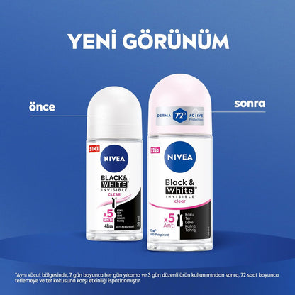 NIVEA Invisible for Black & White Clear Roll-On Anti-Perspirant Deodorant, 50 ml (Pack of 3) Avelisse