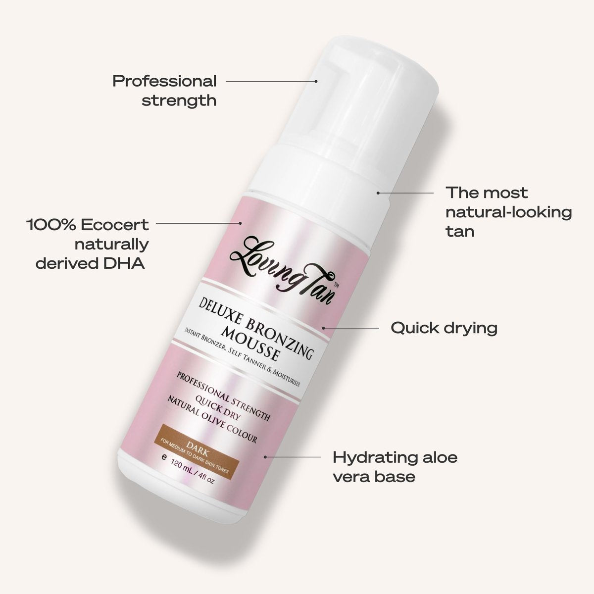 Loving Tan 8 HR Deluxe Self Tanning Mousse, Dark - Streak-Free, Professional Quality Sunless Tanning, 4 Fl Oz Avelisse