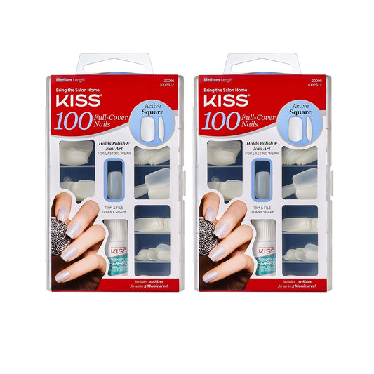 KISS 100 Full Cover Nails Active Square - 2 Pack Acrylic Press On Nails Avelisse