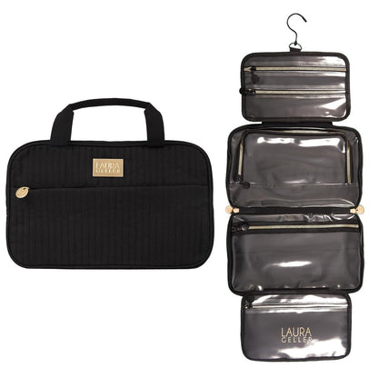 LAURA GELLER NEW YORK Quilted Folding Travel Makeup Bag - Black Hanging Toiletry Organizer, Large Capacity, Easy to Clean Avelisse