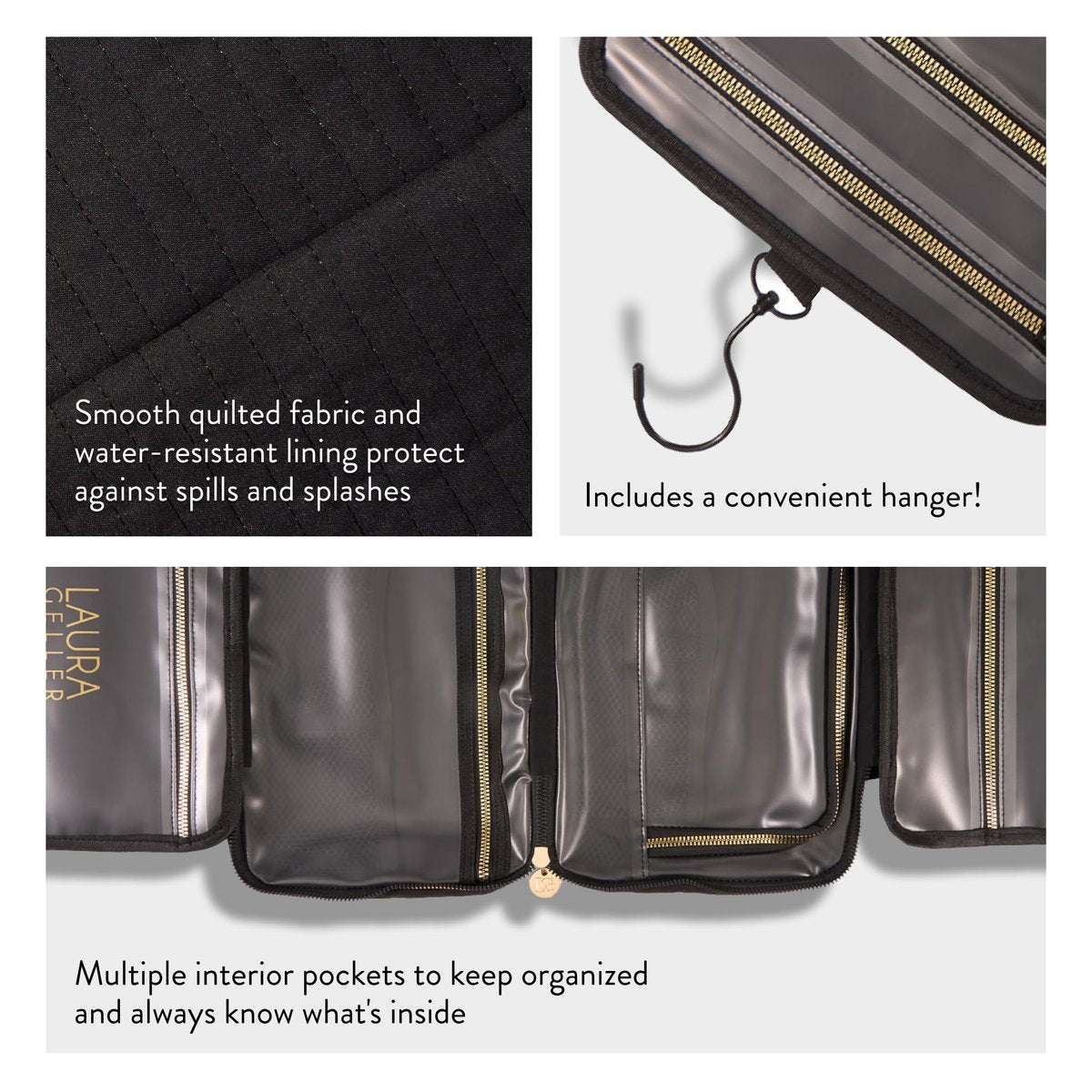 LAURA GELLER NEW YORK Quilted Folding Travel Makeup Bag - Black Hanging Toiletry Organizer, Large Capacity, Easy to Clean Avelisse