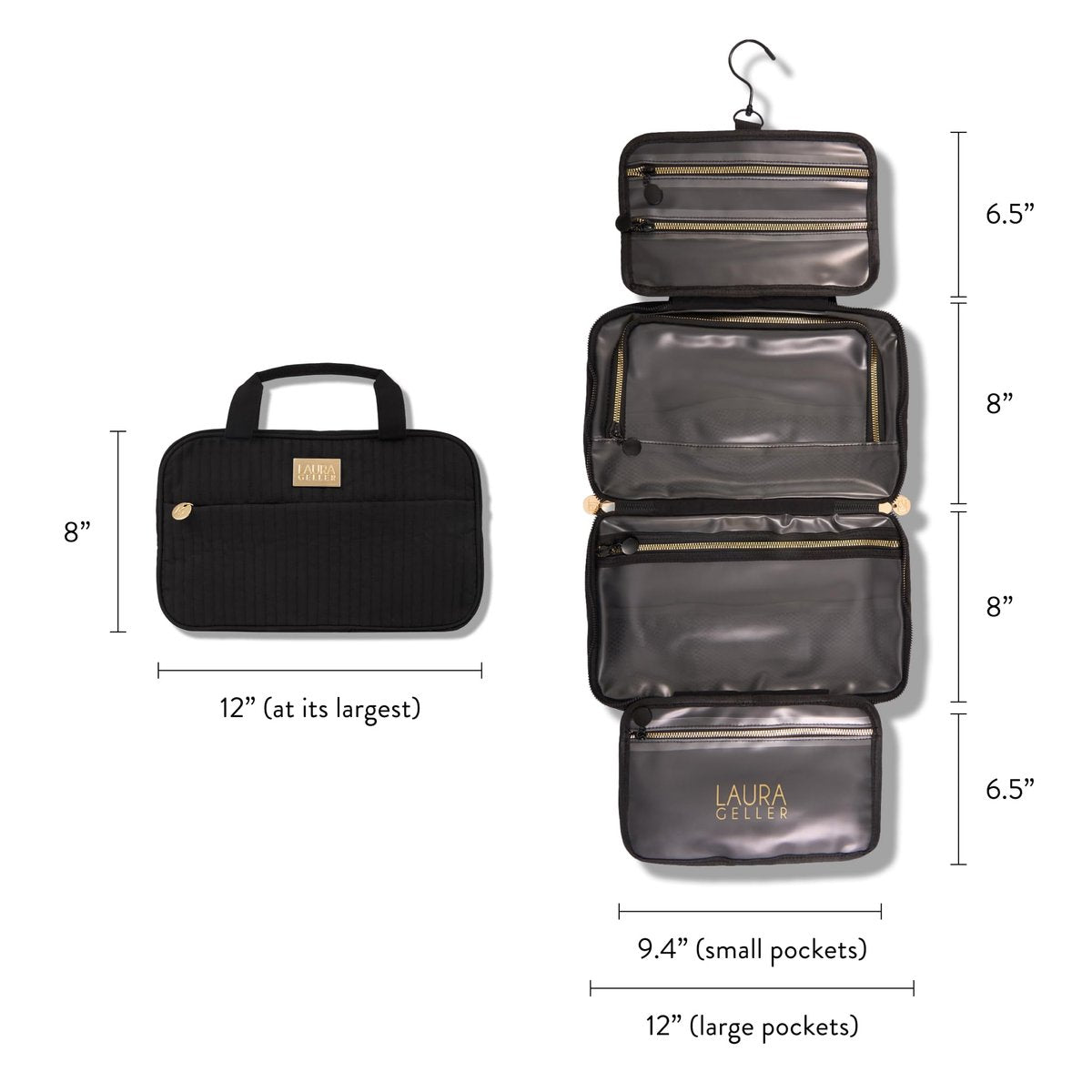 LAURA GELLER NEW YORK Quilted Folding Travel Makeup Bag - Black Hanging Toiletry Organizer, Large Capacity, Easy to Clean Avelisse