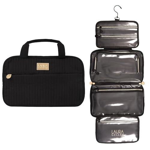 LAURA GELLER NEW YORK Quilted Folding Travel Makeup Bag - Black Hanging Toiletry Organizer, Large Capacity, Easy to Clean Avelisse
