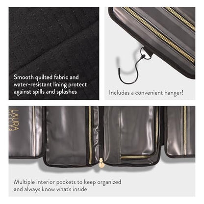 LAURA GELLER NEW YORK Quilted Folding Travel Makeup Bag - Black Hanging Toiletry Organizer, Large Capacity, Easy to Clean Avelisse