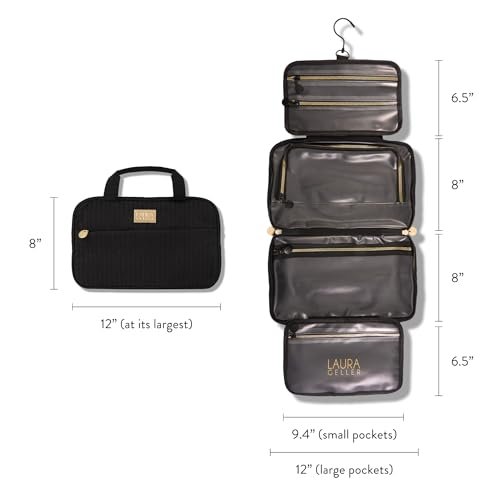 LAURA GELLER NEW YORK Quilted Folding Travel Makeup Bag - Black Hanging Toiletry Organizer, Large Capacity, Easy to Clean Avelisse