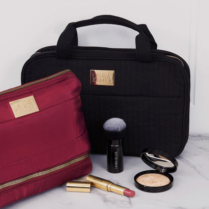 LAURA GELLER NEW YORK Quilted Folding Travel Makeup Bag - Black Hanging Toiletry Organizer, Large Capacity, Easy to Clean Avelisse