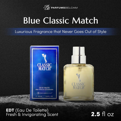 PB ParfumsBelcam Blue Classic Match Eau de Toilette Spray for Men – Modern Citrus Fougere Fragrance, 2.54 Fl Oz